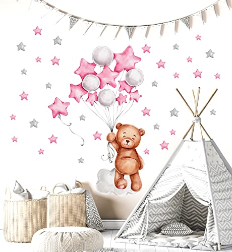 WONDER MURALS Wandtattoo Wandsticker Bär Babyzimmer Kinderzimmer Mädchen Junge Baby Teddybär Wolken Sterne Deko Wanddeko Wandaufkleber Selbst Aufkleben (Rosa, S - 34 x 48 cm (B x H)) von WONDER MURALS