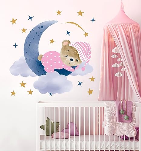 WONDER MURALS Wandtattoo Wandsticker Bär Schlafen auf Mond Babyzimmer Kinderzimmer Mädchen Baby Wolken Sterne Deko Wanddeko Wandaufkleber Selbst Aufkleben (Rosa) von WONDER MURALS