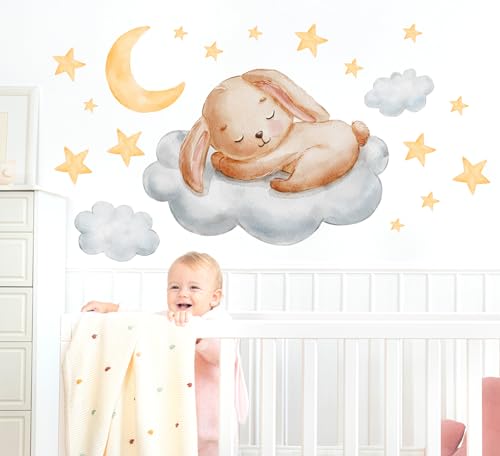 WONDER MURALS Wandtattoo Wandsticker Tiere Babyzimmer Kinderzimmer Mädchen Baby kleiner Fuchs Bär Eule Hase Hirsch schlafen auf Wolke Sterne Mond Deko Wanddeko Wandaufkleber Selbst Aufkleben von WONDER MURALS