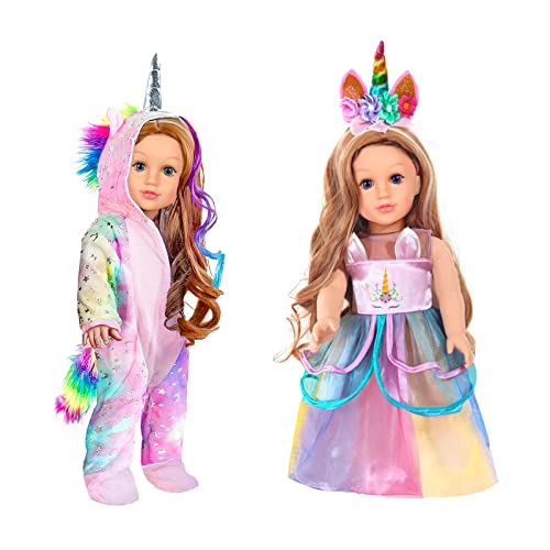 WONDOLL 18 Zoll Puppenkleider-Set, Einhorn-Kleidung mit Haarclip und Stirnband, passend für alle 45,7 cm großen Puppen, Kinderzubehör, Rosa, 2 Sets von WONDOLL