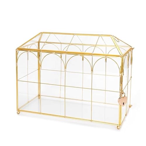 WONTHAI Goldene Glasbox mit Deckel, dekorative Schmuckbox, Messing, klares Glas (Garten Gold mit Schloss, 26,2 cm L x 15 cm B x 21,1 cm H) von WONTHAI