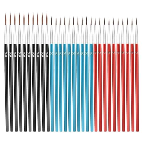 30 Stück Tiny Detail Malerei Pinsel Holzgriff Nylon 3 Größen Miniatur feine Pinsel für Gesichts Kunst kleine Skulpturen (Black000# Blue00# Red0# 10 Teile jeweils) von WONZHEC