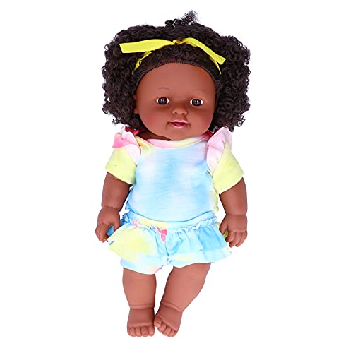 WONZHEC 12 Zoll schöne simulierte Schwarze Mädchen Puppe afrikanische Babypuppenkid Rollenspiel Spielzeug Geburtstagsgeschenk (Q12-080C Krawatten gelbe Orchidee rosa Kleidung) von WONZHEC