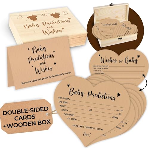 WOODAMORE Baby Prediction Cards for Baby Shower Decorations - Rustikale Baby Predictions and Advice Cards, Wishes for Baby Cards for Baby Shower Games, Gender Neutral Baby Shower Advice Cards with Box von WOODAMORE