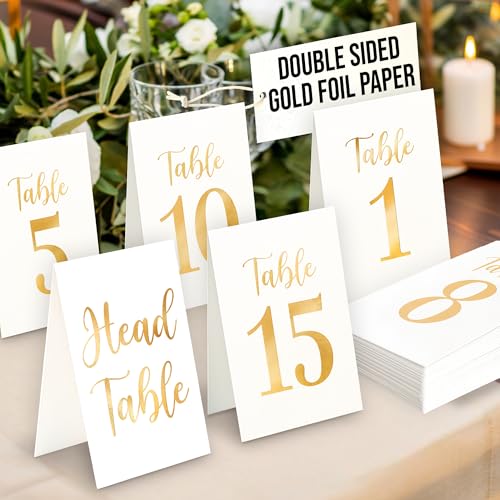 Woodamore Goldene Hochzeitstischnummern 1–15, goldene Tischnummern für Hochzeitsempfangsdekorationen, Tischnummernkarten 1–15 mit Kopf-Tischnummer, Papier-Tischmarkierungen für Hochzeit, Restaurant, von WOODAMORE