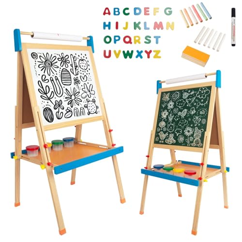 WoodenFun Kinder Kunst Staffelei Verstellbar mit Kreide, Magnet, Doppelseitige Tafel mit löschbarer Magnettafel Hölzerne Tafel Holz für Kinder Standtafel von WOODENFUN