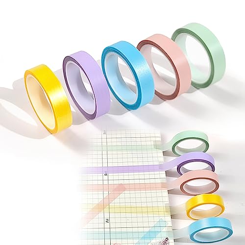 WOOXDYUK 5 Rollen 0,6 cm x 5 m Highlight Strips, Selbstklebende Farbige Notizzettel, Transparentes Klebeband, für Mache Notizen, Lehrer, Schüler (Rot, Grün, Blau, Lila, Gelb) von WOOXDYUK