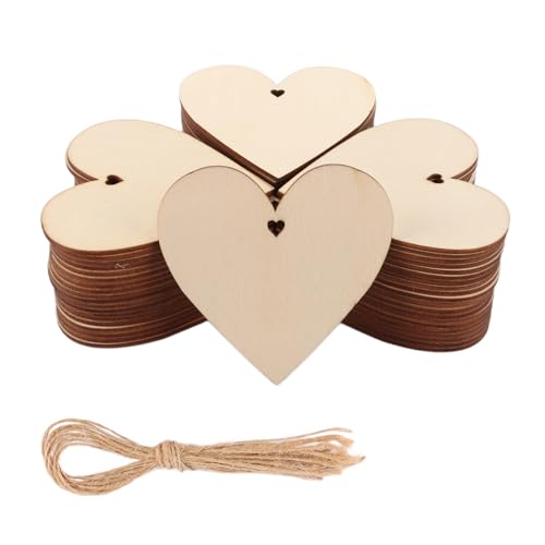 WOPPLXY 100 Stk Holzherzen zum Beschriften, Holzherzen mit Loch und 10m Jute Schnur, Holzherzen Deko für Geschenkanhänger und Weihnachtsdekorationen von WOPPLXY