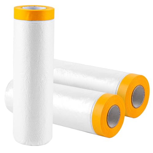 WOPPLXY 3 Rollen Abdeckfolie mit Klebeband, 270cm x 20m Malerfolie, Transparent PE-Folie mit Gelb Papier Maler Abdeckfolie zum Staubschutz, Lackieren von Autowänden von WOPPLXY