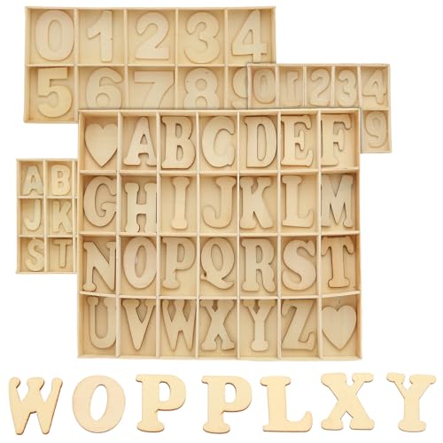 WOPPLXY 388 Stück Holzbuchstaben Holzzahlen mit Sortiertabletts, kleine Holzbuchstaben, fette Schrift, unlackiertes Holz, Alphabet A-Z und Zahlen 0-9, Geschenk-Set für DIY Handwerk, selbstgemacht, von WOPPLXY