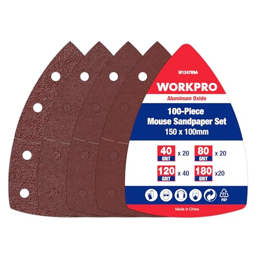 WORKPRO 100 Stück Schleifpapier Dreieckschleifer, Klett Schleifblätter Delta 105 x 152mm Set für Multischleifer, Dreieckschleifer, Körnung 40,80,120,180 zum Schleifen Polieren Entlacken von Holz von WORKPRO