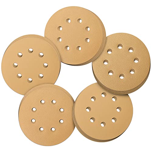 WORKPRO Schleifpapier 125mm Klett, Dreimal Verschleißfestigkeit, Schleifscheiben Exzenterschleifpapier Schleifblätter 50 Stück Rund Klett für Exzenterschleifer, 8 Löcher in Gold, 80/120/240 Körnung von WORKPRO