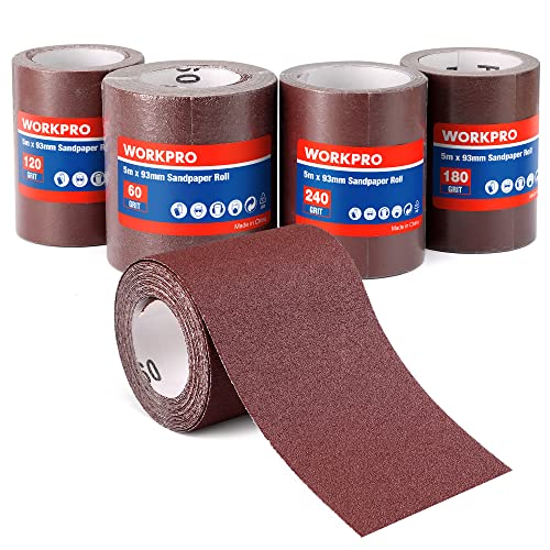 WORKPRO Schleifpapierrollen, 4 Schleifpapier Rollen 93 mm x 5 m, Körnung 60/120/180/240, für Handschleifer, Schwingschleifer, Schmirgelpapier für Holz, Metall, Farbe von WORKPRO