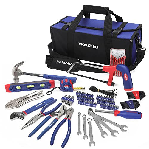 WORKPRO Universal Werkzeugset Haushalt 156-teilig inkl. Werkzeugtasche mit weiter Öffnung für Home Reparatur und Heimwerker, mit Zange Schlüssel Bits Wasserwaage Messer Maßband Hammer usw. von WORKPRO