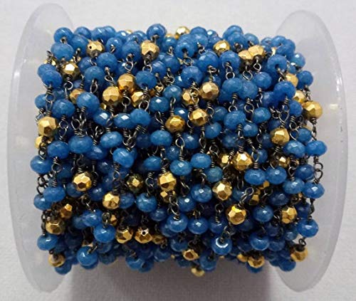 BEADS GEMSTONE 5 Fuß Blau Onyx Chalceny Gold Pyrite Rosary Perlen Kette - Oxidized Über Sterling Silber Draht oder Oxidized Draht Wrapped Kette 3-4mm Code-HIGH-37796, Edelstein Metall Stein von WORLD WIDE GEMS