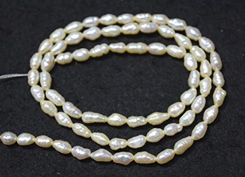 BEADS GEMSTONE Freshwater Rice Pearls, Natural Ivory White Pearls Necklace,Lose Perlen 4 x 6.5mm Approx, 16 Zoll Full Beach Code-HIGH-31275, Edelstein Metall Stein von WORLD WIDE GEMS