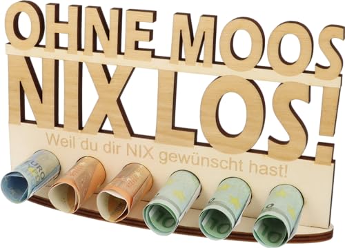 XL Geldgeschenk aus Holz mit Lasergravur|Geschenkidee|Gutscheinverpackung|witziges Geschenk|Geldgeschenk für Frauen und Männer (Ohne Moos nix los!) von WORTGEFECHTE