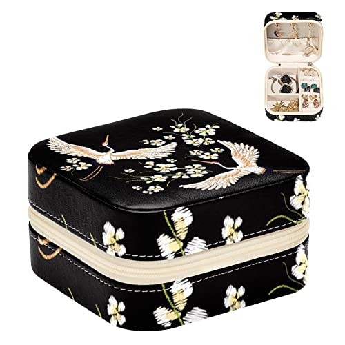 WOSHJIUK Schmuckschatulle aus Leder,tragbares Reise-Schmuckkästchen,Weißer Kranich und Blume,Kleine Schmuckschatulle Schmuck Organizer von WOSHJIUK