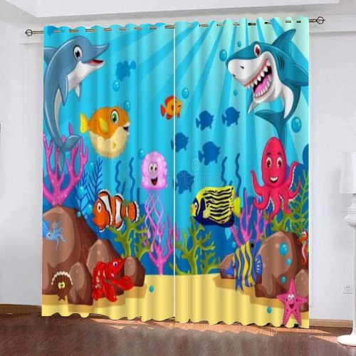 WOSUBI Vorhänge Blickdicht 160x140cm Hai Delphin Gardinen Mit Ösen Junge Mädchen Blau Vorhang Kinderzimmer 2Er Set Thermo Verdunklungsvorhänge von WOSUBI