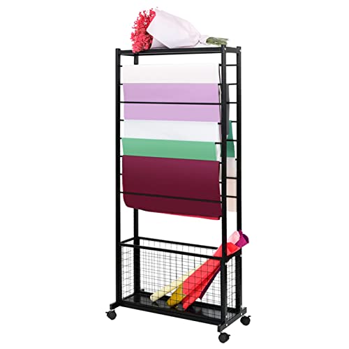 WOTZOV Doppelseitiger Organizer-Wagen für Geschenkpapier, großer Metallhalter für Bastelbänder mit Rädern für Floristen/Desserts/Geschäfte,Black 67X150cm von WOTZOV