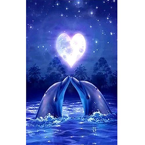 5D Diamond Painting Diamant Malerei Painting Bilder, Wowdecor Blau Delphin Kuss Meer Mond Tiere Full Set Groß DIY Diamant Gemälde Malen Nach Zahlen von WOWDECOR