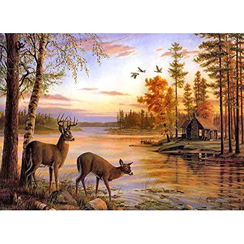 5D Diamond Painting Diamant Malerei Painting Bilder, Wowdecor Hirsch Elch See Baum Sonnenuntergang Landschaft Tiere Full Set Groß DIY Diamant Gemälde Malen Nach Zahlen von WOWDECOR