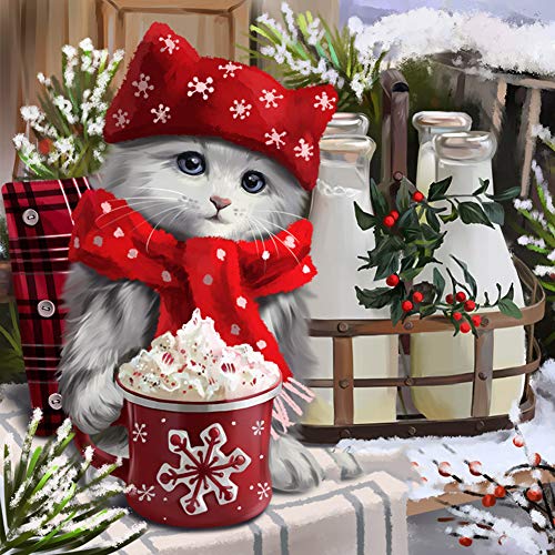 5D Diamond Painting Diamant Malerei Painting Bilder, Wowdecor Katze Rot Hut Schnee Weihnachten Tiere Full Set Groß DIY Diamant Gemälde Malen Nach Zahlen von WOWDECOR