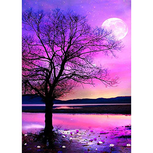 5D Diamond Painting Diamant Malerei Painting Bilder, Wowdecor Vier Jahreszeit Baum Lila Sternenhimmel Mond Full Set Groß DIY Diamant Gemälde Malen Nach Zahlen von WOWDECOR