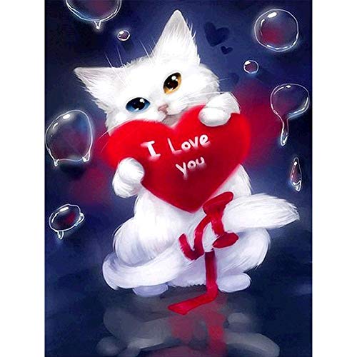 5D Diamond Painting Diamant Malerei Painting Bilder, Wowdecor Weiß Katze Rot Liebe Herz Blase Tiere Full Set Groß DIY Diamant Gemälde Malen Nach Zahlen von WOWDECOR