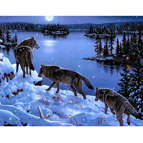 5D Diamond Painting Diamant Malerei Painting Bilder, Wowdecor Wölfe Familie Schnee See Mond Tiere Familie Schnee See Mond Tiere Full Set Groß DIY Diamant Gemälde Malen Nach Zahlen von WOWDECOR