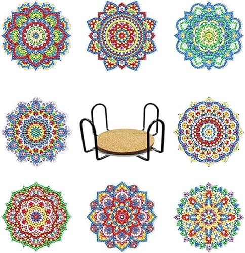 WOWDECOR Diamond Painting Untersetzer mit Halter 8 Stück, DIY Mandala Tischuntersetzer Glasuntersetzer 5D Diamant Painting Coaster für Gläser Tassen Auto Mosaik (Mandala) von WOWDECOR