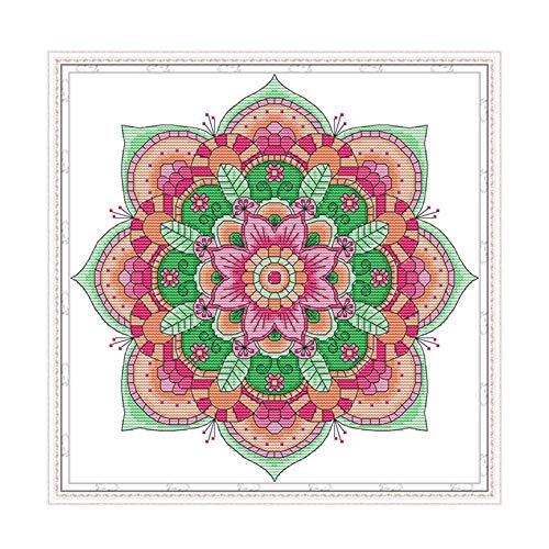 Kreuzstich-Set für Erwachsene, Anfänger, vorgedruckt, WOWDECOR bunte Mandala-Blumen, 14 Karat gestempelt, fortschrittliches DIY-Stickset mit Muster von WOWDECOR