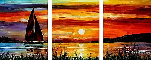 WOWDECOR DIY Malen nach Zahlen 3 teilig Bilder, Segelschiff Sonnenuntergang Meer 40x50cm x3, 3er set triptychon XXL groß (Segelschiff, mit Rahmen) von WOWDECOR