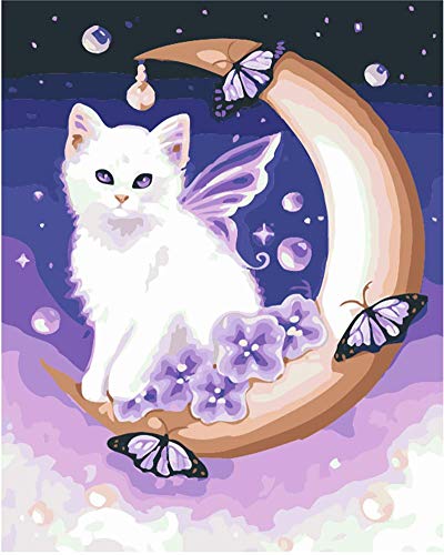 WOWDECOR DIY Malen nach Zahlen für Erwachsene Kinder Mädchen, Katze mit Schmetterling Mond 40x50 cm Vorgedruckt Leinwand-Ölgemälde (mit Rahmen) von WOWDECOR