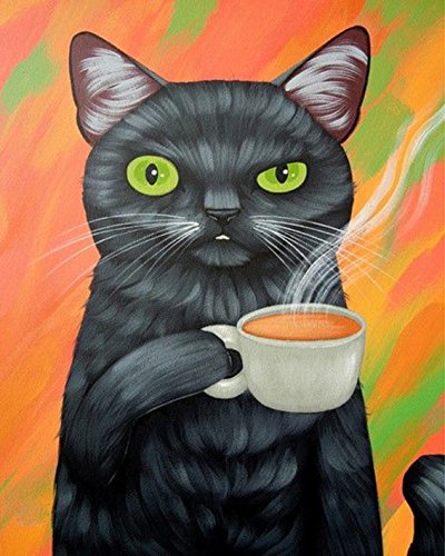 WOWDECOR DIY Malen nach Zahlen für Erwachsene Kinder Mädchen, Schwarze Katze Tiere Kaffee 40x50cm Vorgedruckt Leinwand-Ölgemälde (ohne Rahmen) von WOWDECOR