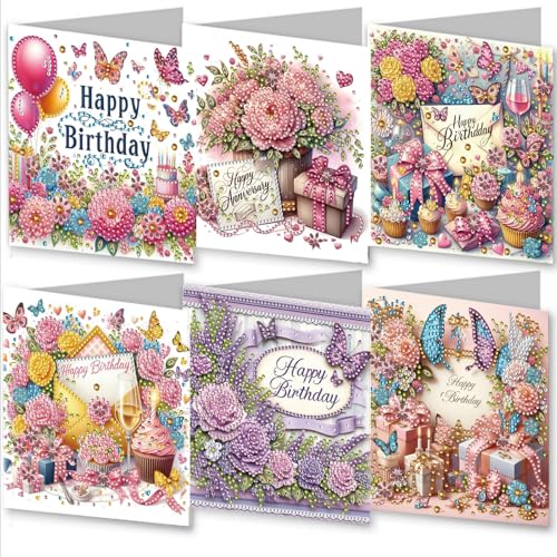 WOWDECOR Diamond Art Grußkarten Kit Blumenkranz Geburtstag, 6 Stück DIY Diamond Painting Karten Sets, 5D Diamond Art Happy Birthday Karten mit Umschlägen, Postkarten für Handgemacht von WOWDECOR