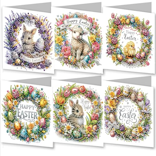 WOWDECOR Diamond Art Grußkarten Kit Ostereier Blumen Kranz, 6 Stück DIY Diamond Painting Karten Sets, 5D Diamond Art Frohe Ostern Karten mit Umschlägen, Postkarten für Handgemacht von WOWDECOR