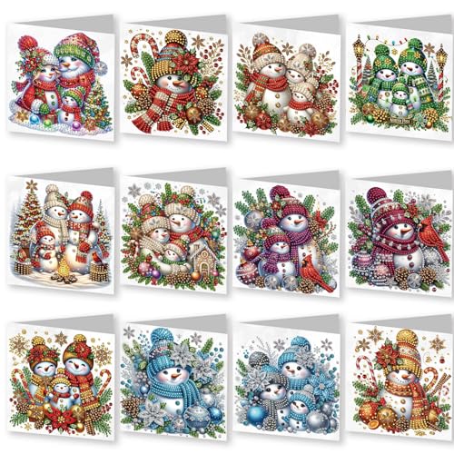 WOWDECOR Diamond Art Grußkarten Kit Weihnachten Schneemann Dekorativ, 12 Stück DIY Diamond Painting Karten Sets, 5D Diamond Art Weihnachtskarten mit Umschlägen, Postkarten für Handgemacht von WOWDECOR