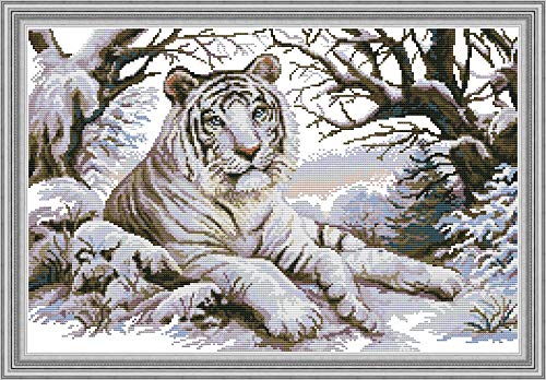 WOWDECOR Kreuzstich-Stickerei-Set für Erwachsene und Kinder, Motiv: Weiß Tiger Tiere, 11-fädig, geprägt, DMC Handarbeit, einfacher Anfänger von WOWDECOR