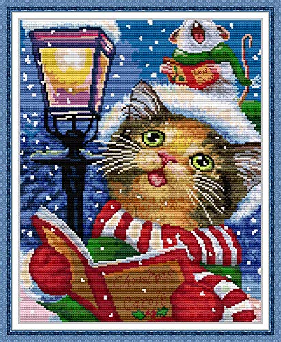 WOWDECOR Kreuzstich-Stickerei-Set für Erwachsene und Kinder, Weihnachtsmotiv, Katze, Maus, Tiere, Buch, 11 Ct, geprägt von WOWDECOR