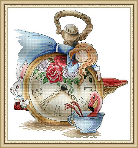 WOWDECOR Kreuzstich-Stickerei-Set für Erwachsene und Kinder, schlafende Alice-Uhr, Kaninchen-Tasse, 11 Ct, geprägt, DIY-Näharbeiten, einfache Anfänger von WOWDECOR