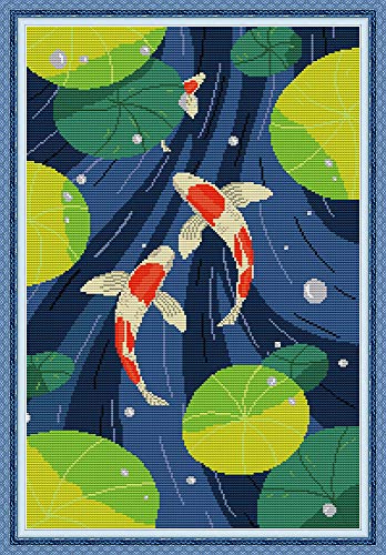 WOWDECOR Kreuzstich-Stickset für Erwachsene und Kinder, roter Koi-Fisch, Lotusblatt-Teich, 11-fädig, gestempelt, DIY, DMC-Handarbeit, einfache Anfänger von WOWDECOR