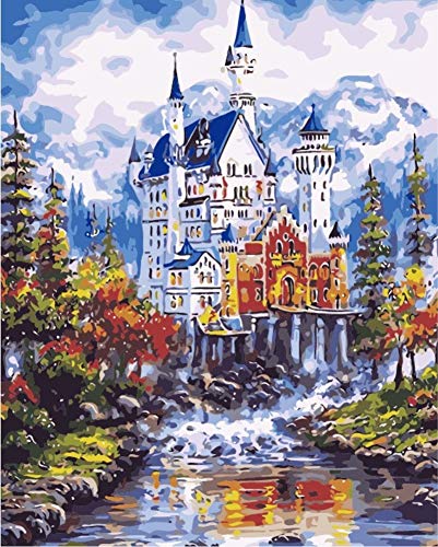 WOWDECOR Malen nach Zahlen Kits Geschenk für Erwachsene Kinder, DIY Ölgemälde Home Haus Dekor - Schnee Berg Schloss Wald Fluss Landschaft 16 x 20 Zoll (X7053, Rahmen) von WOWDECOR