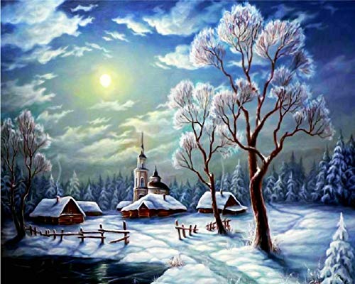 Wowdecor Malen nach Zahlen Kits für Erwachsene Kinder, DIY Ölgemälde – Hütte Sonne Winter Schnee Landschaft 40,6 x 50,8 cm (gerahmt) von WOWDECOR