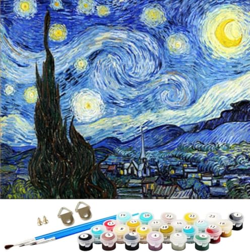 Wowdecor Malen nach Zahlen Kits für Erwachsene Kinder, DIY Zahlen Malerei - Sternennacht von Van Gogh Schöner Himmel 40 x 50 cm gestempelte Leinwand (Rahmen) von WOWDECOR