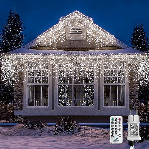 LED Eisregen Lichterkette Außen, WOWDSGN 10M 440LED Eiszapfen Lichterkette mit Timer 8 Modi IP44 wasserdicht Strombetrieben, Lichtervorhang für Weihnachten Dachkante Dachrinne Terrasse Balkon Kaltweiß von WOWDSGN