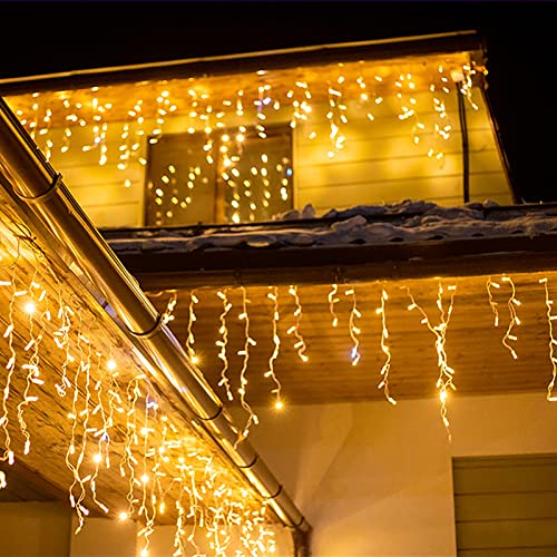 LED Eisregen Lichterkette Außen, WOWDSGN 10M 440LED Eiszapfen Lichterkette mit Timer 8 Modi IP44 wasserdicht Strombetrieben, Lichtervorhang für Weihnachten Dachkante Dachrinne Terrasse Balkon Warmweiß von WOWDSGN