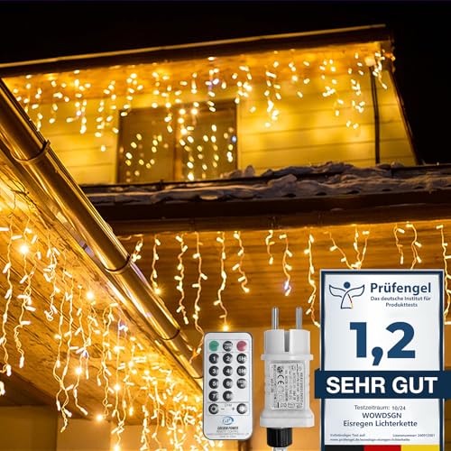 WOWDSGN LED Eisregen Lichterkette Außen, 25M 1100LED Eiszapfen Lichterkette mit Timer 8 Modi IP44 wasserdicht Strombetrieben, Lichtervorhang für Weihnachten Dachkante Dachrinne Terrasse Warmweiß von WOWDSGN