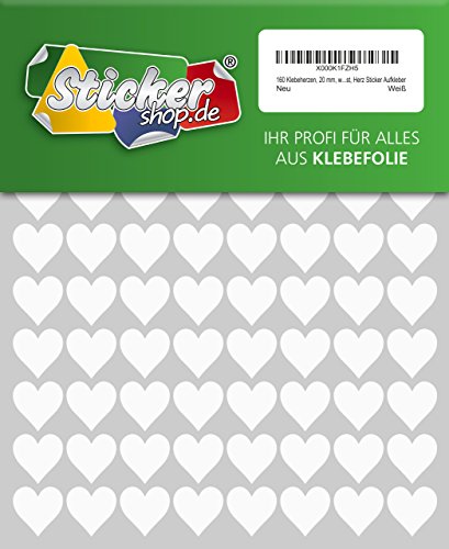 160 Klebeherzen, 20 mm, weiß, aus PVC Folie, wetterfest, Herz Sticker Aufkleber von WP Sticker