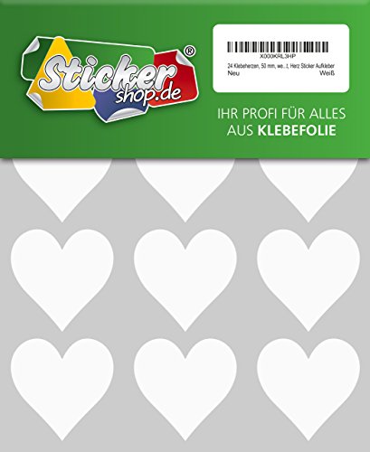 24 Klebeherzen, 50 mm, weiß, aus PVC Folie, wetterfest, Herz Sticker Aufkleber von WP Sticker